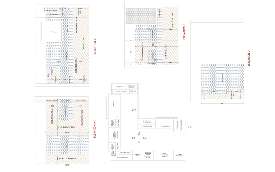 Architectural kitchen layout with L-shaped design, cabinetry elevations, marble countertops, sink, cooktop, oven, and dishwasher placement