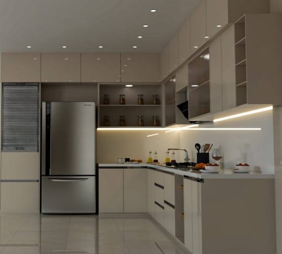 Modern L-shaped kitchen interior design featuring glossy beige cabinets, bright under-cabinet LED lighting, open shelving, and a stainless steel refrigerator