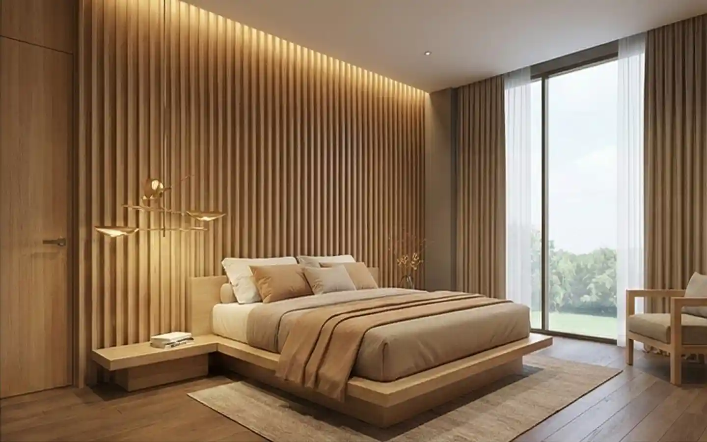 Modern minimalist hotel bedroom with a vertical wood slat feature wall, warm ambient lighting, and a Japanese-style platform bed