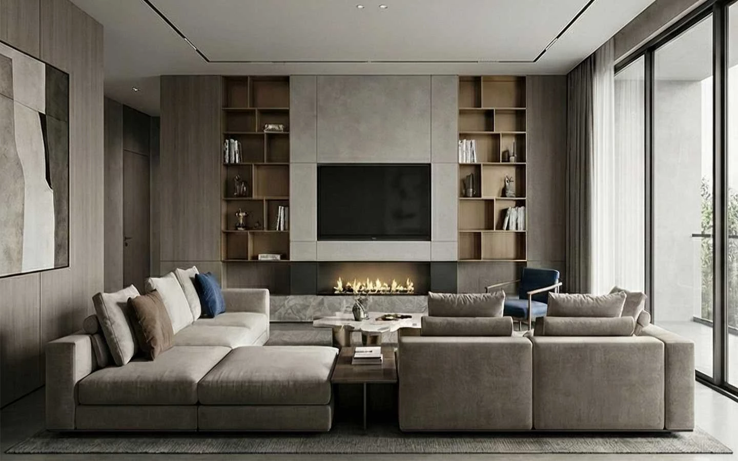 Contemporary living room featuring a custom TV wall unit with integrated fireplace, open wooden shelving, and a large grey sectional sofa