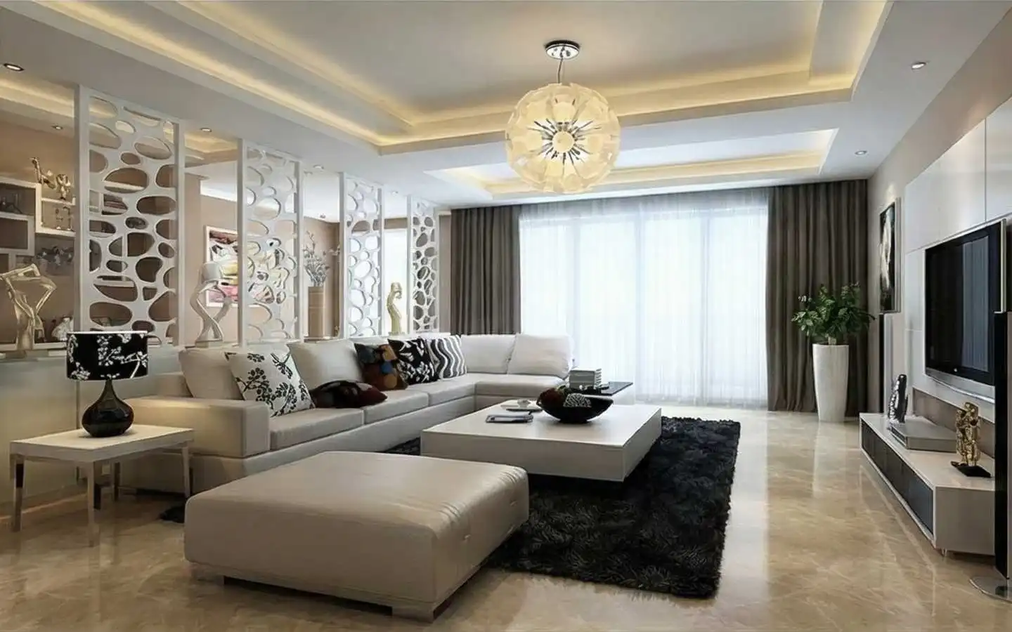 Luxurious modern living room featuring a large white sectional sofa, a decorative lattice room divider, a round pendant light, and polished marble flooring