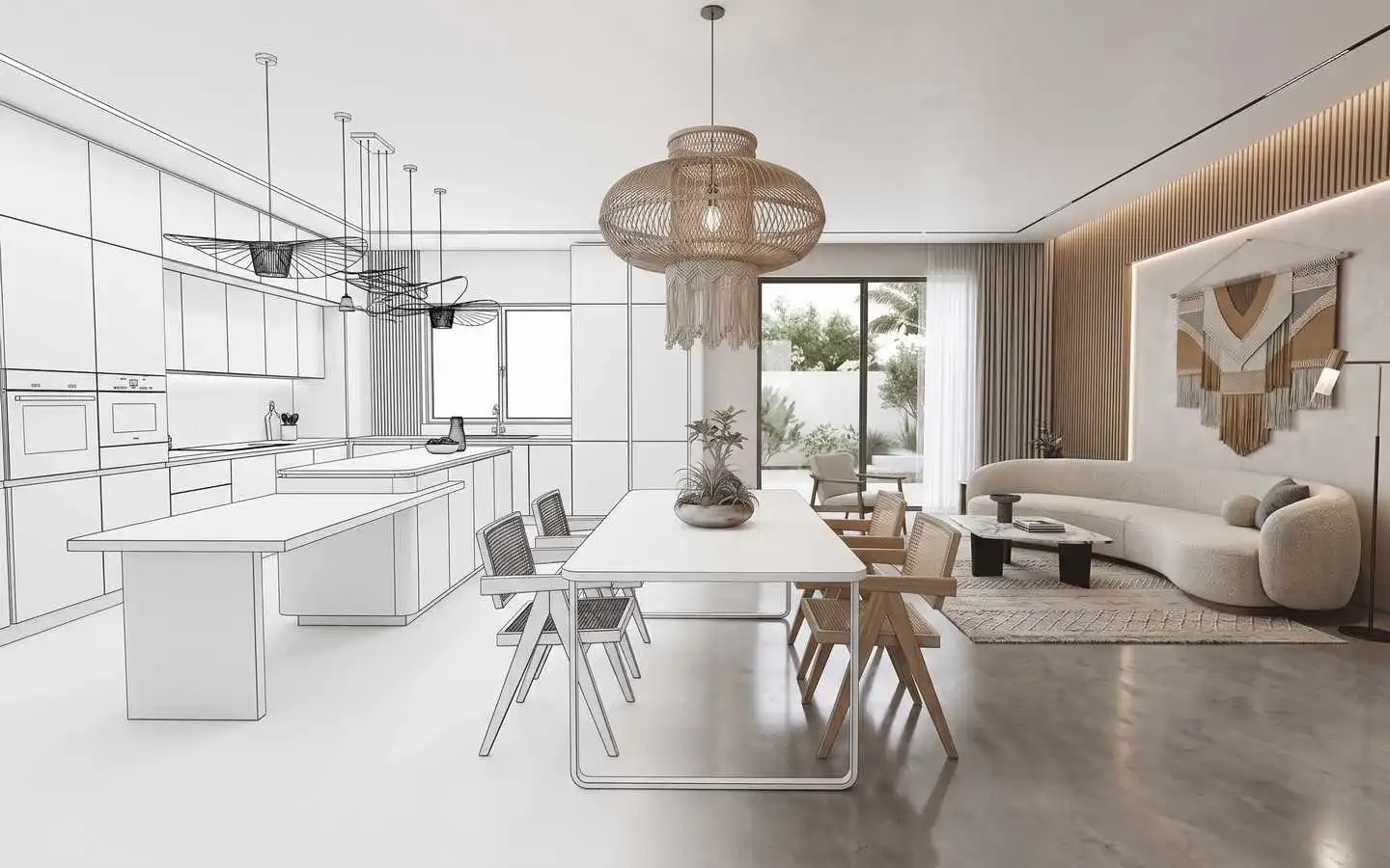 Professional modern open-plan kitchen and living room concept by interior designers in Delhi showing 3D wireframe to finished design
