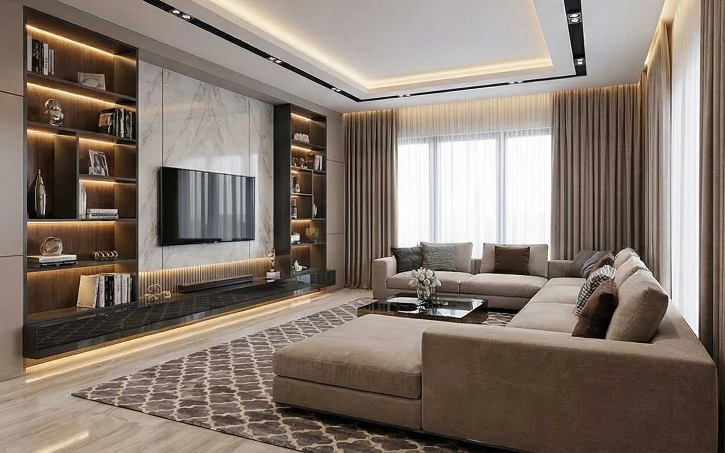 Contemporary living room featuring a custom media wall with a marble TV panel, integrated LED backlit bookshelves, a large beige sectional sofa, and a geometric pattern rug