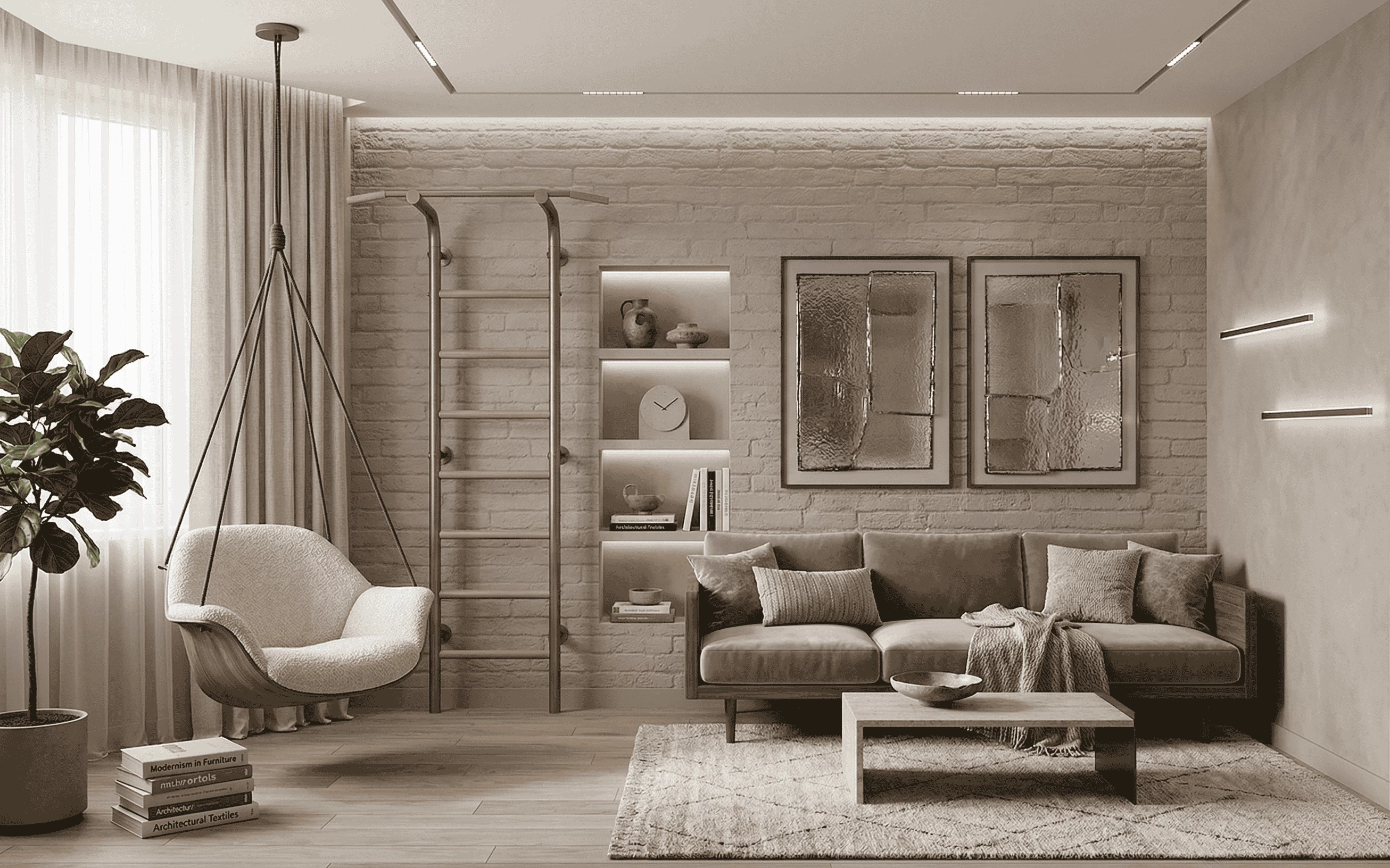 Modern living room design with a white brick accent wall, hanging nest chair, minimalist sofa, and integrated wooden stall bars for home fitness