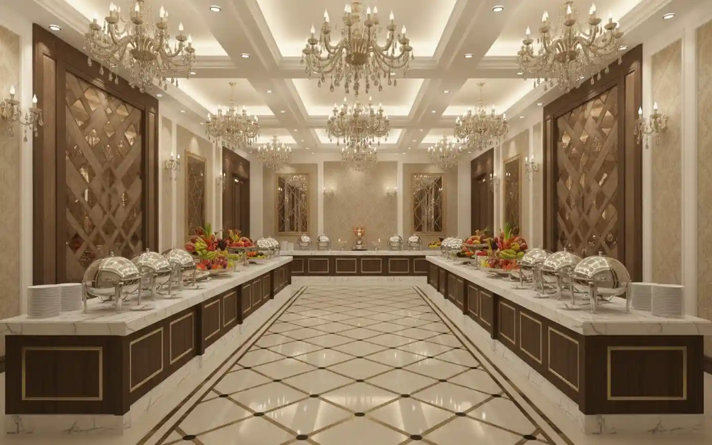 Luxury banquet hall buffet area featuring marble counters with silver chafing dishes, ornate gold chandeliers, and decorative wood wall paneling
