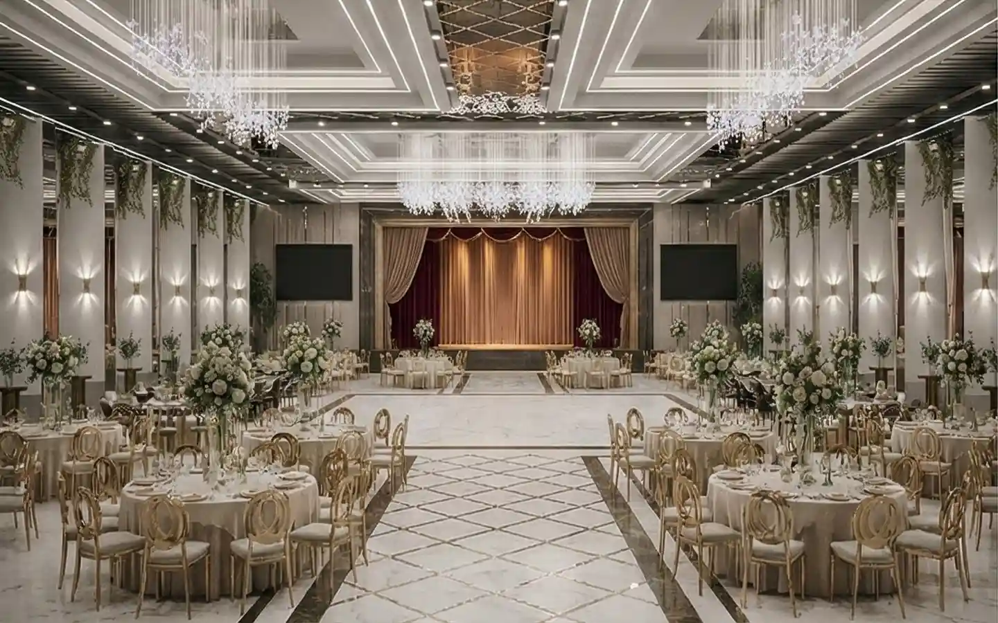Grand luxury banquet hall interior featuring coffered ceilings, crystal chandeliers, gold dining chairs, and a velvet-draped stage for wedding events