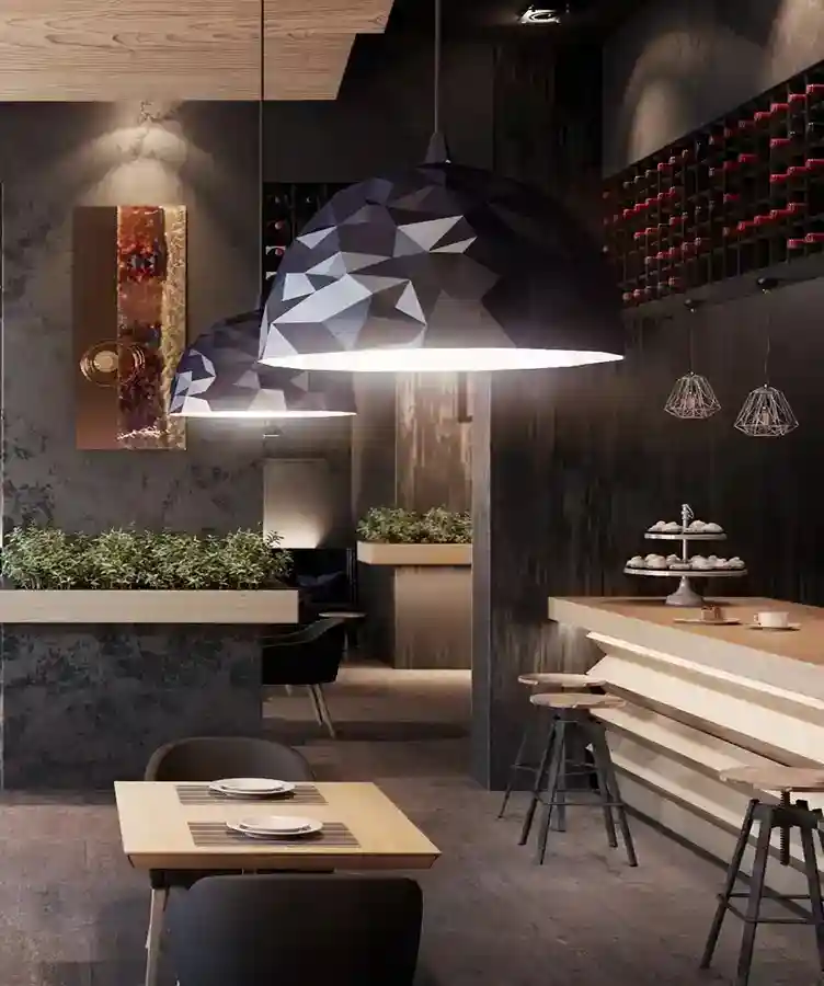 Contemporary bar interior featuring large geometric dome pendant lights, a sleek bar counter with industrial stools, and a wall-mounted wine rack
