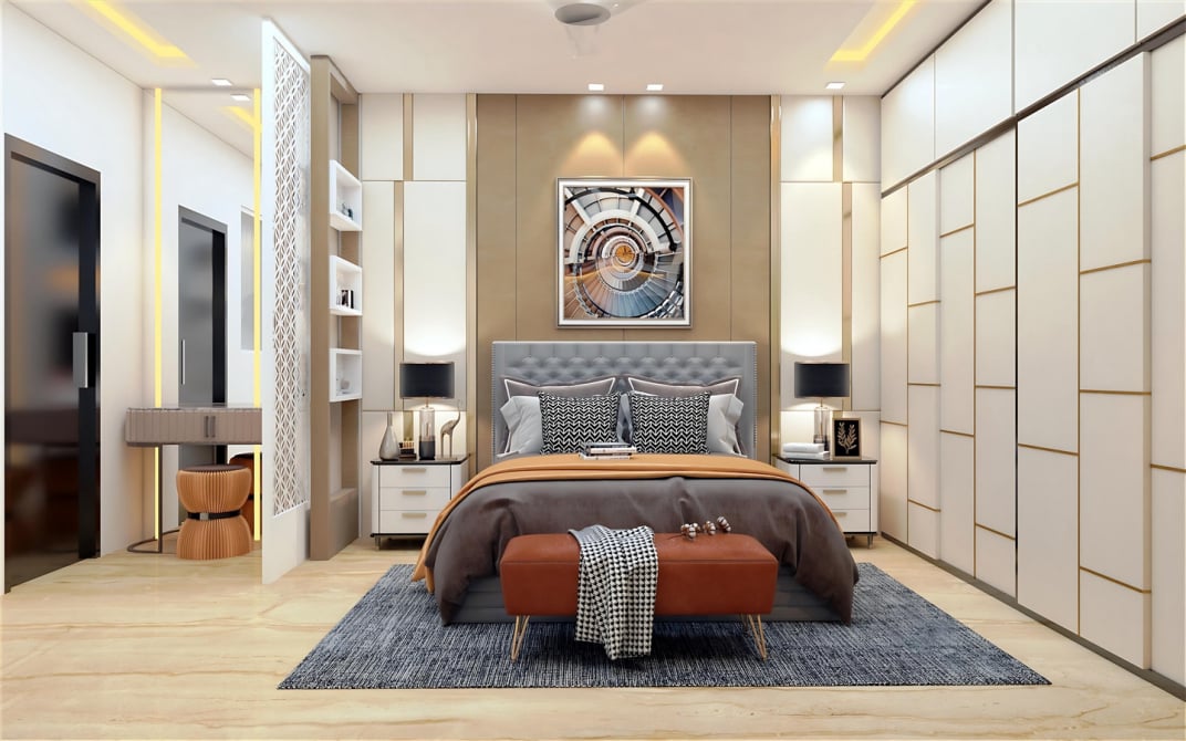 Elegant modern bedroom with tufted gray headboard, layered bedding, upholstered bench, built-in wardrobes, and contemporary decor and present by 3d view