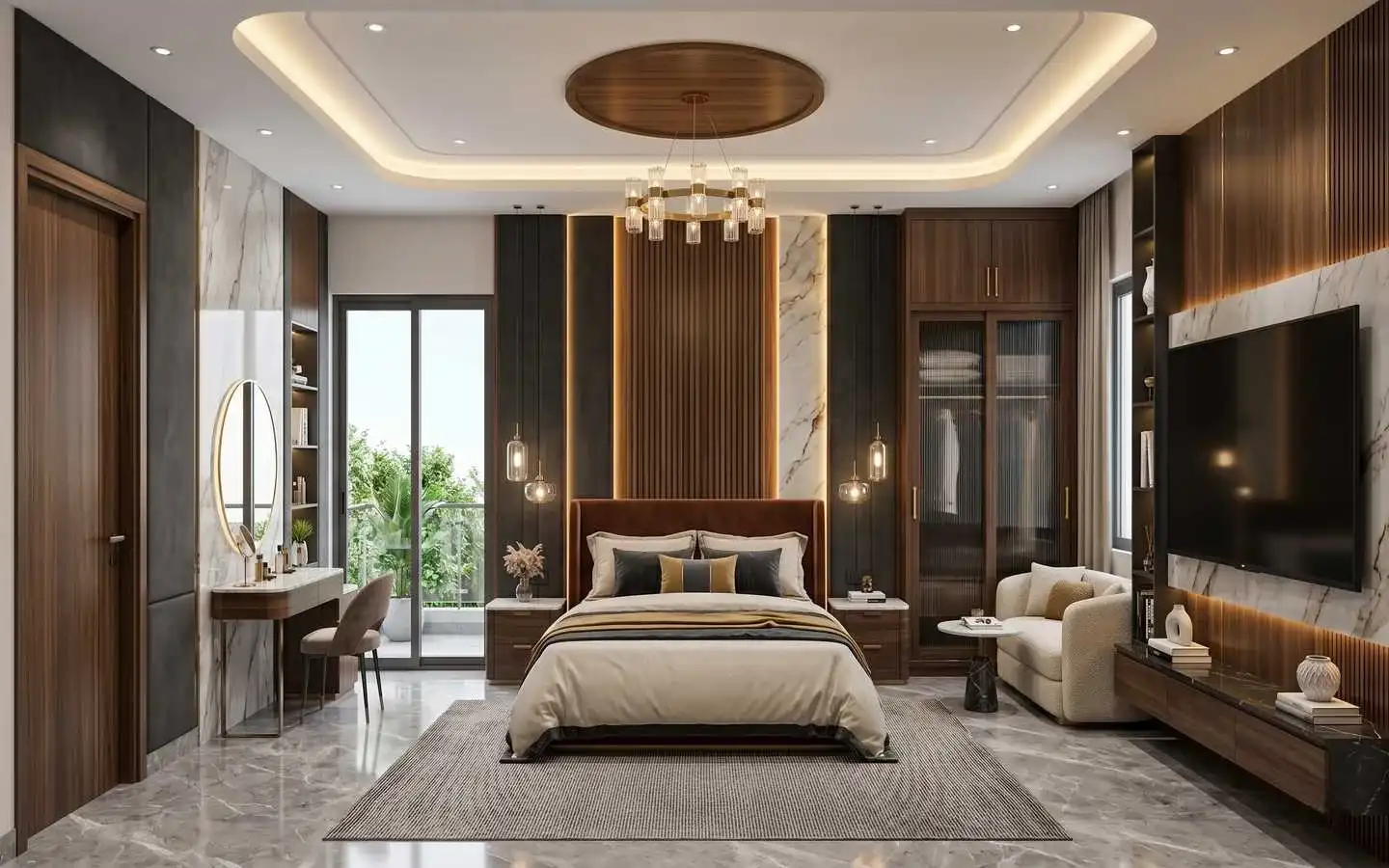 A modern luxury bedroom interior with wood paneling, marble accents, and warm ambient lighting designed by professionals in Delhi
