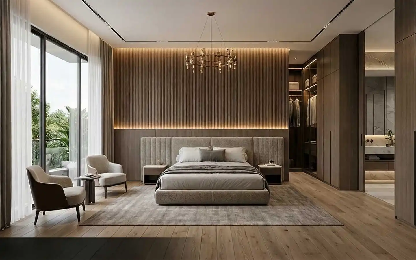 Modern luxury master bedroom featuring a fluted wood accent wall with integrated LED lighting, a plush upholstered bed, and floor-to-ceiling windows