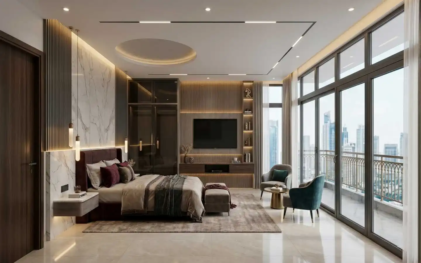 Modern luxury bedroom interior design with marble wall panels, wooden slatted feature wall, and floor-to-ceiling balcony windows