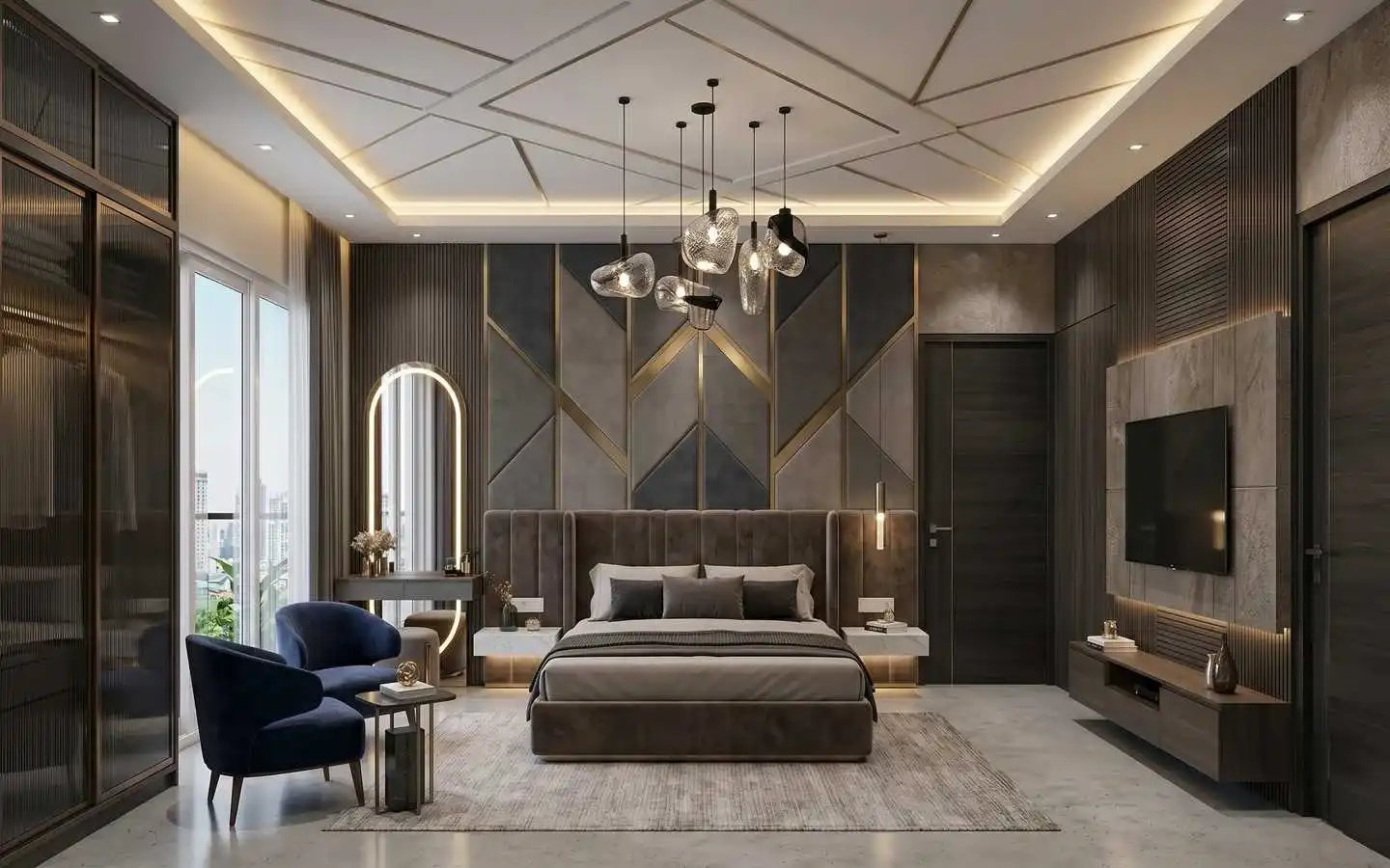 Modern luxury bedroom interior design featuring geometric wall paneling, pendant lighting, and dark wood textures