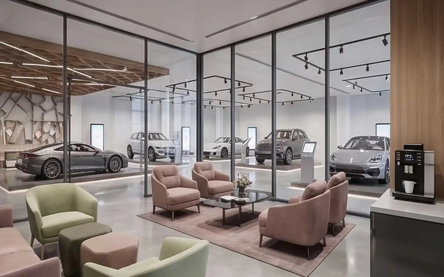 Modern luxury car showroom interior design featuring glass partitions, track lighting, and a minimalist customer lounge area