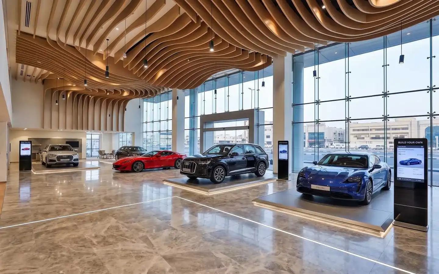 Luxury car showroom interior featuring a modern wave-pattern wood ceiling, marble flooring, and large glass windows