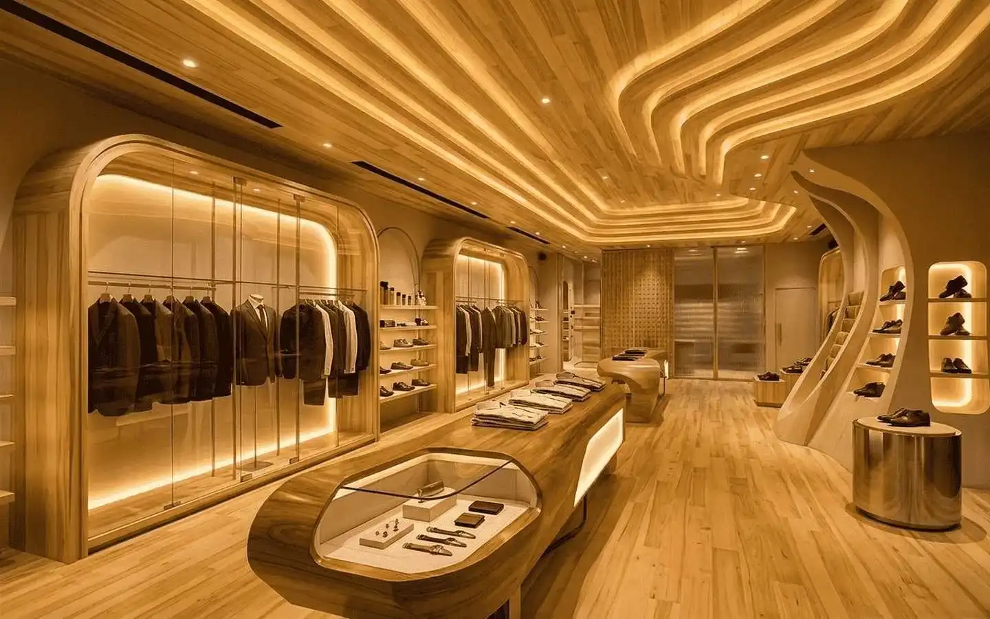 Modern luxury men's clothing showroom interior featuring curved wooden ceiling panels, integrated warm LED lighting, and custom wood display shelving