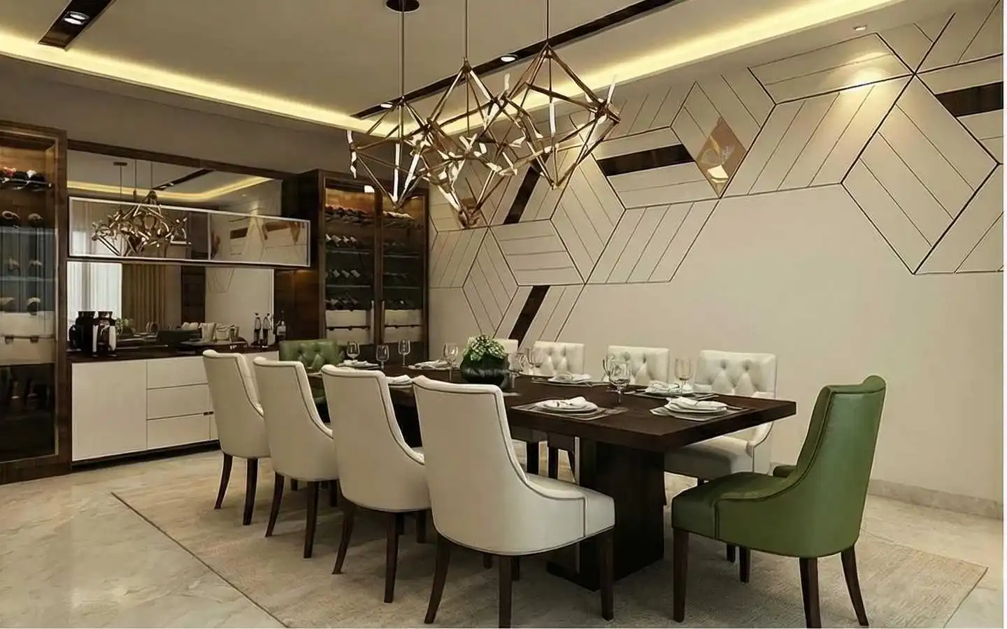Luxury modern dining room featuring a geometric accent wall, a long dark wood table with white tufted chairs, and a contemporary gold geometric chandelier