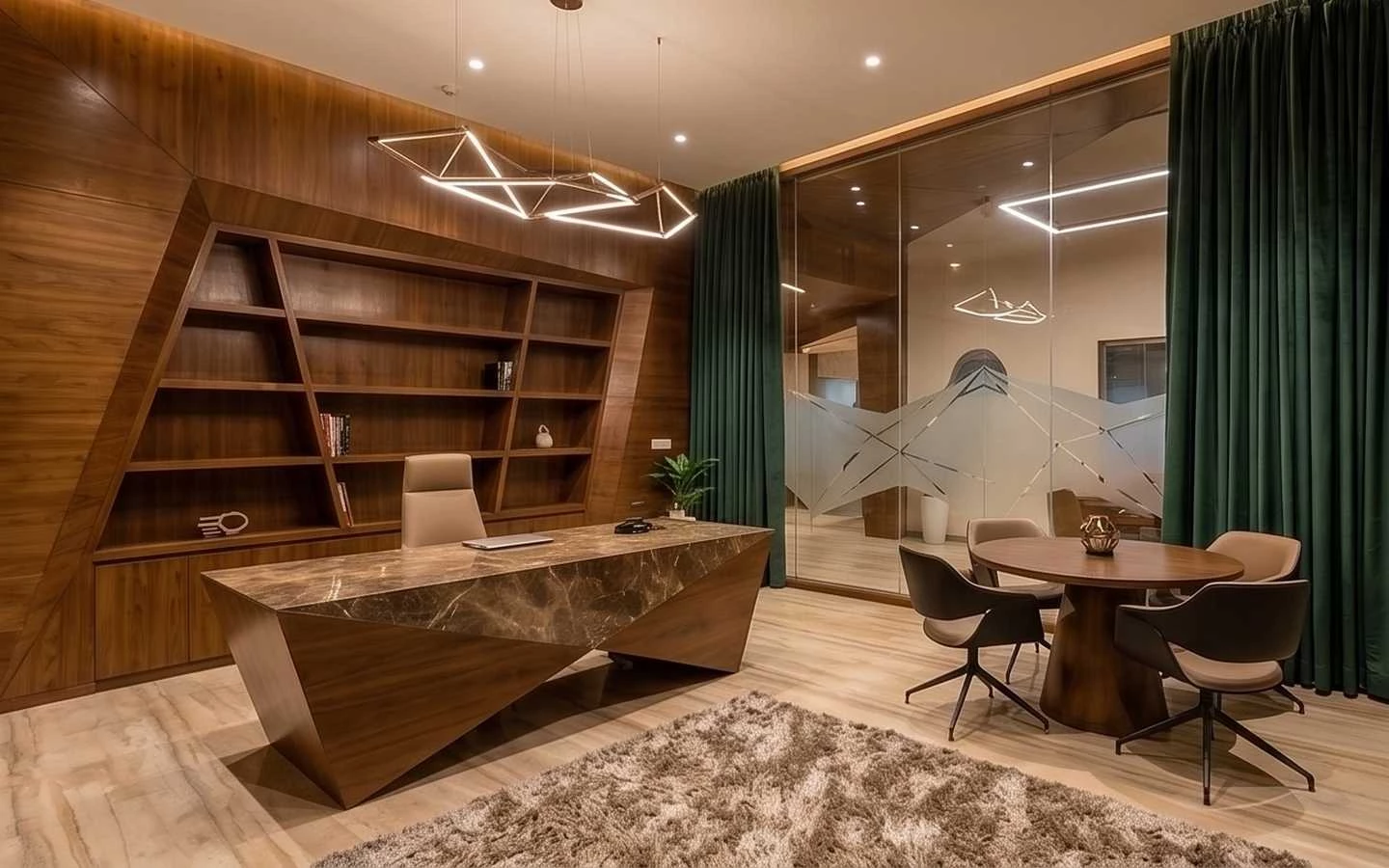 Modern luxury executive office featuring a custom geometric marble desk, built-in wooden bookshelves, and velvet green curtains