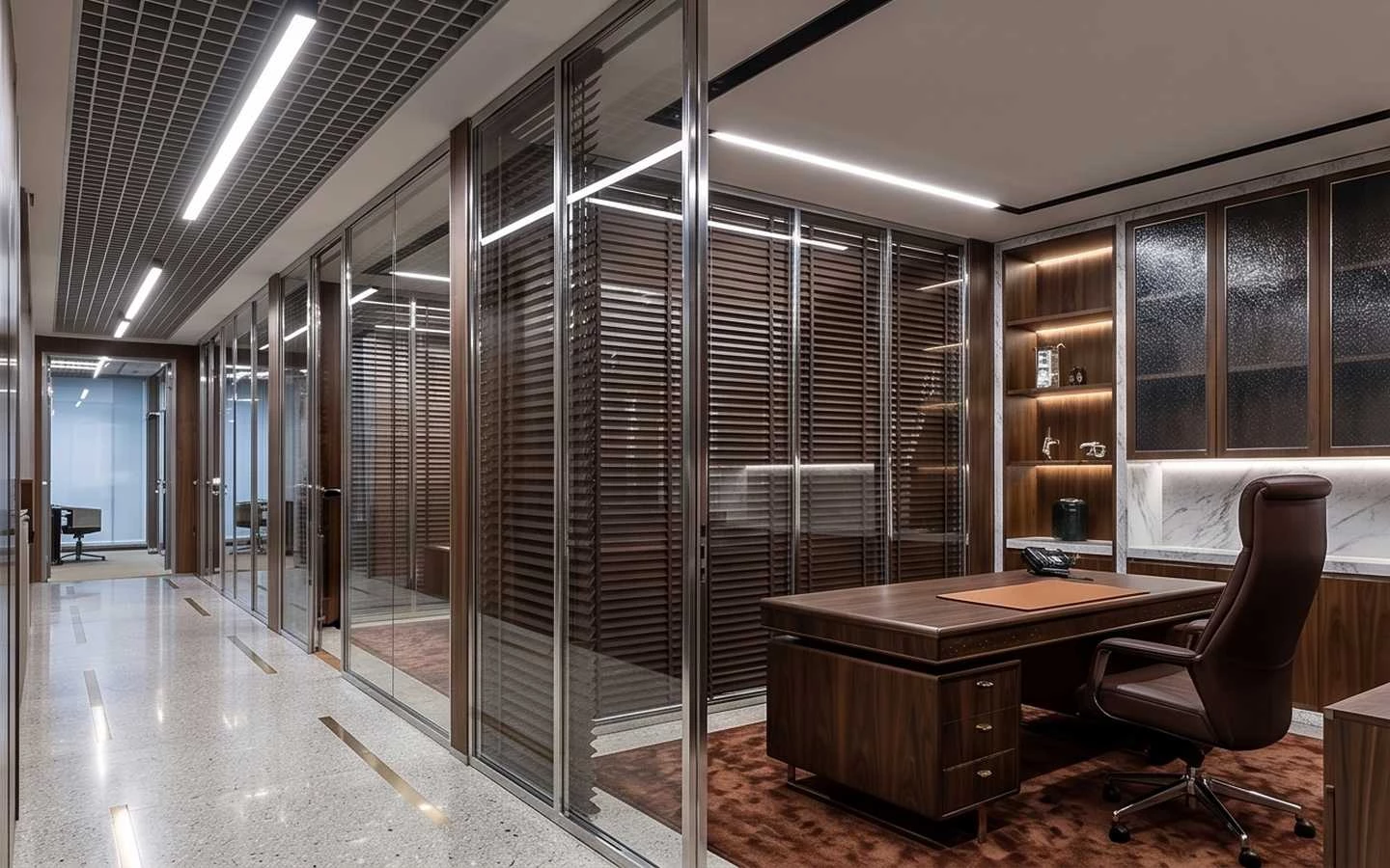 Luxury executive office interior featuring a dark wood desk, leather ergonomic chair, and glass partition walls with wooden blinds