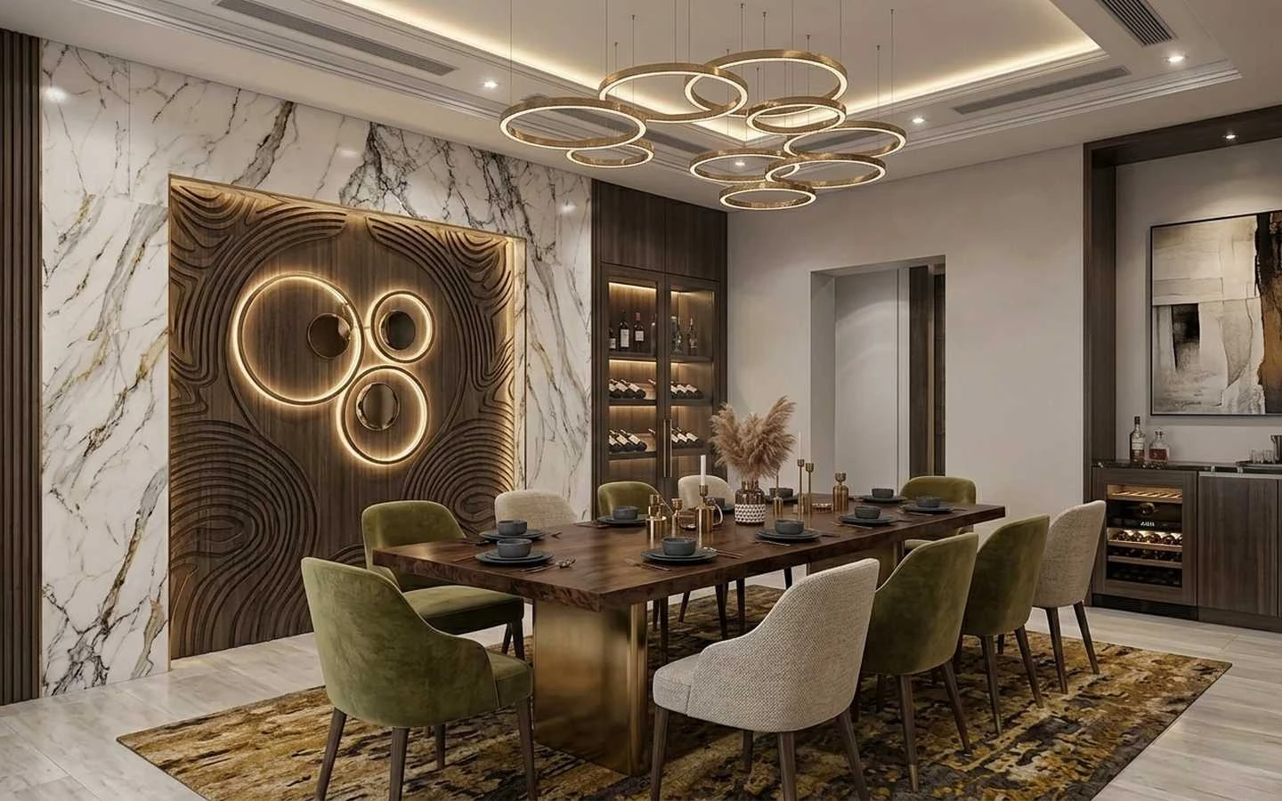 Luxury modern farmhouse dining room featuring a live-edge wooden table, velvet chairs, a built-in wine cooler, and decorative backlit wall art