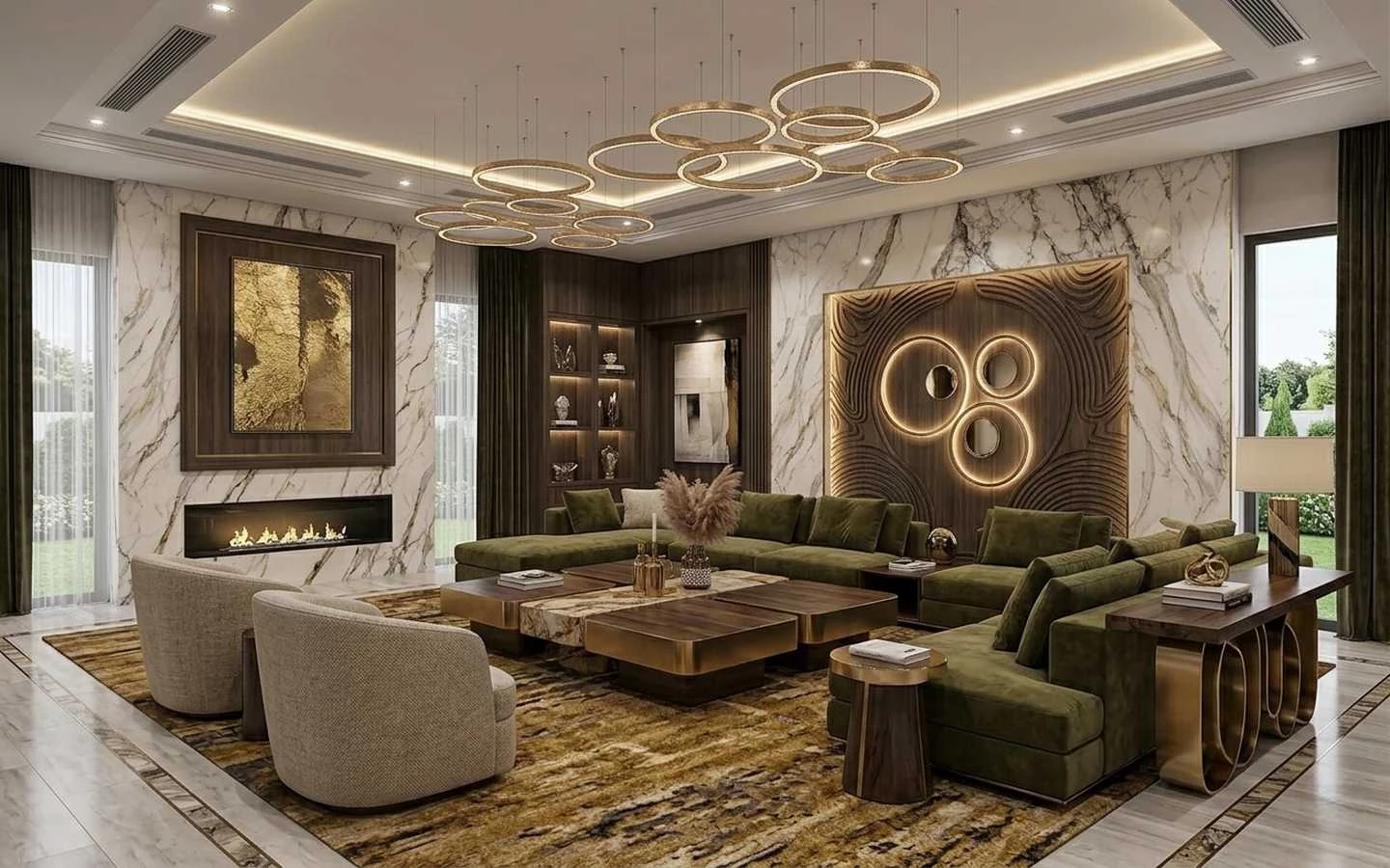 Modern luxury farmhouse great room with a linear built-in fireplace, large olive green sectional sofa, and marble wall paneling