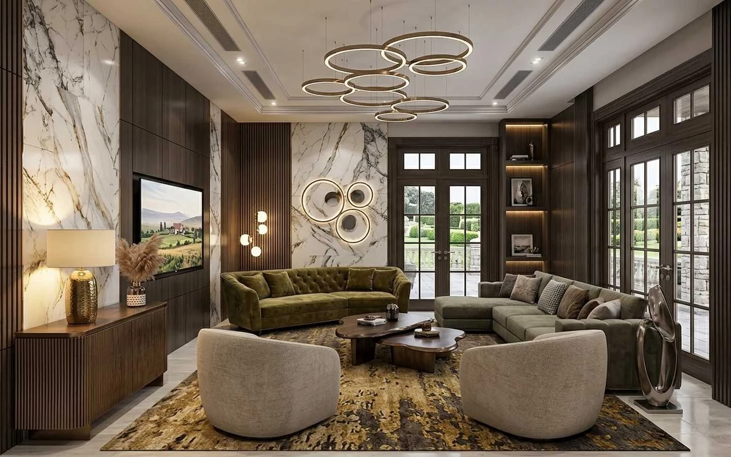 Modern luxury farmhouse living room with olive green velvet sofas, marble wall accents, and designer circular pendant lighting