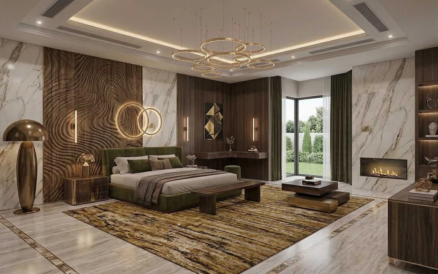 Luxury modern farmhouse master bedroom featuring a carved wood accent wall, marble finishes, a fireplace, and a green velvet upholstered bed