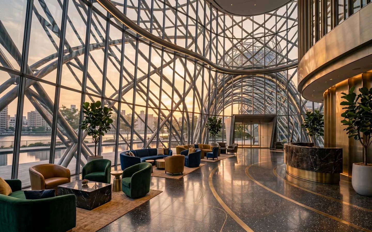 Luxury hotel lobby interior featuring floor-to-ceiling curved glass walls, modern velvet seating, and marble reception desk at sunset