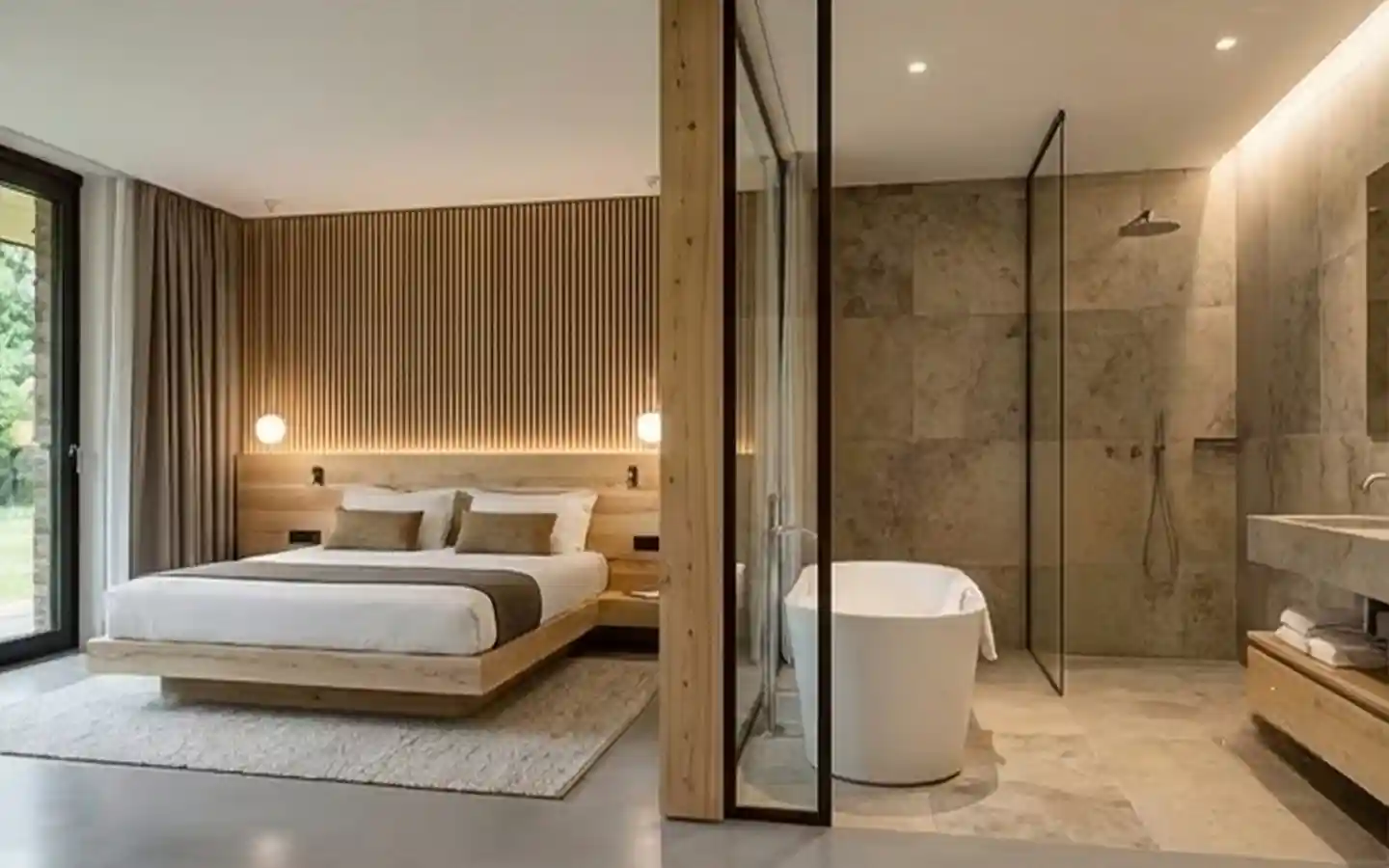 Modern luxury hotel suite featuring a wooden slat headboard, floating bed, and an open-concept ensuite bathroom with a freestanding tub and stone tiling