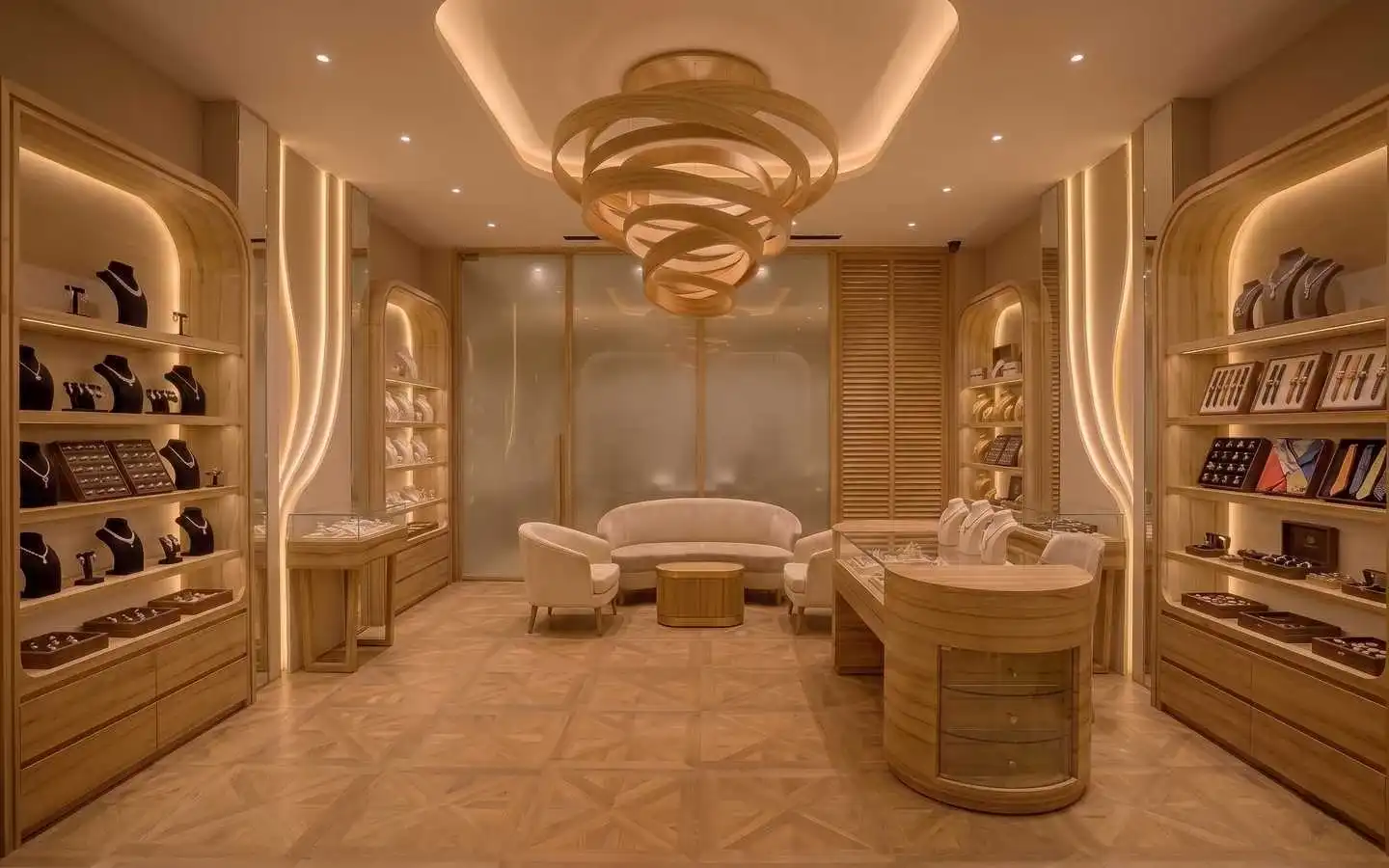Modern luxury jewelry showroom interior featuring custom curved wooden display cabinets, warm ambient lighting, and a unique spiral chandelier