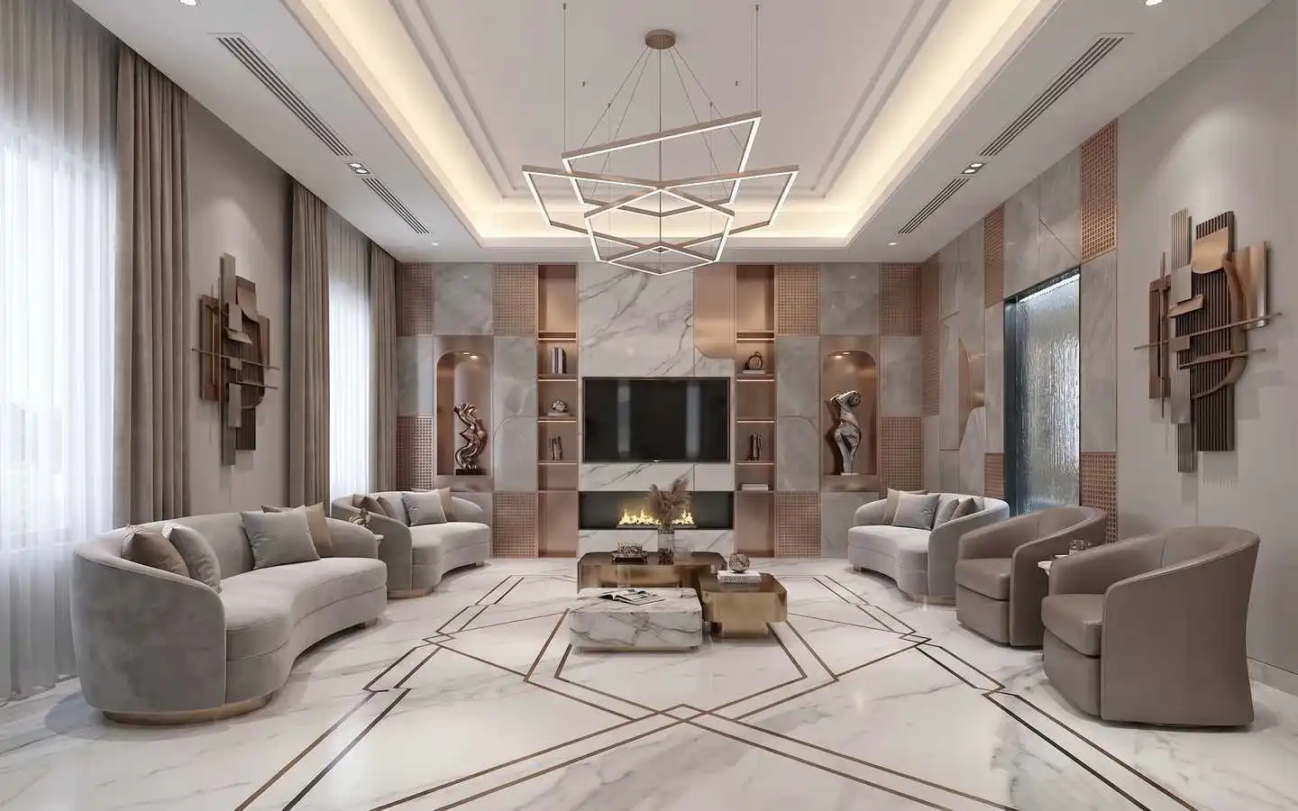 Modern luxury living room interior design featuring geometric marble flooring, curved grey sofas, an elegant geometric chandelier, and a custom marble media wall with a built-in fireplace