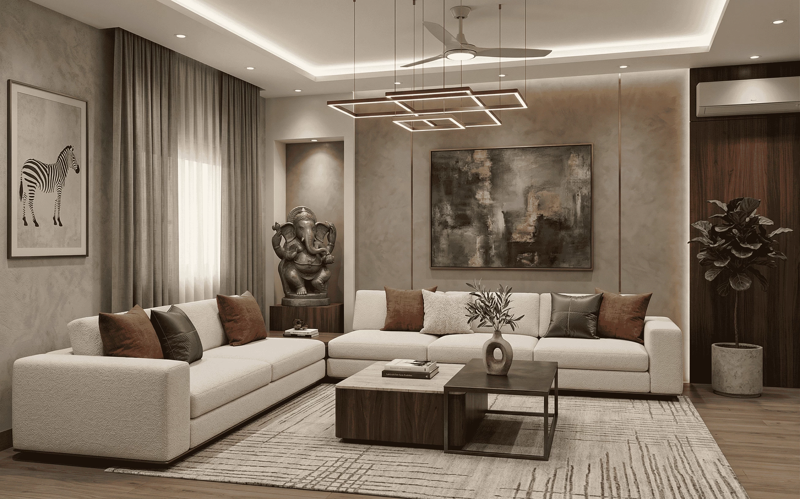 Modern luxury living room featuring off-white sectional sofas, a contemporary geometric chandelier, a large abstract wall painting, and a Lord Ganesha statue in a recessed alcove