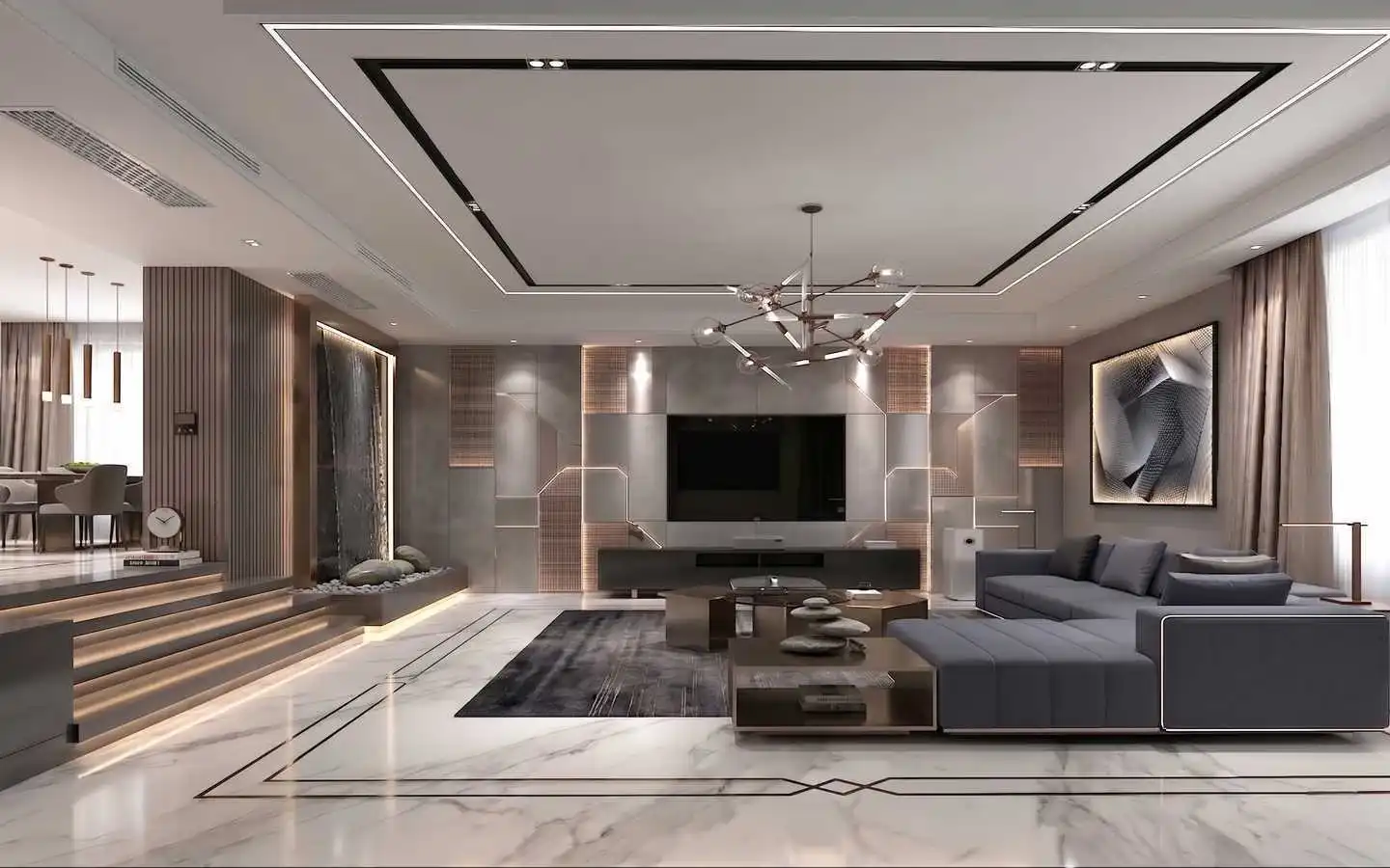 Spacious modern luxury living room interior design featuring a grey sectional sofa, marble flooring, a custom illuminated TV accent wall, and a contemporary chandelier