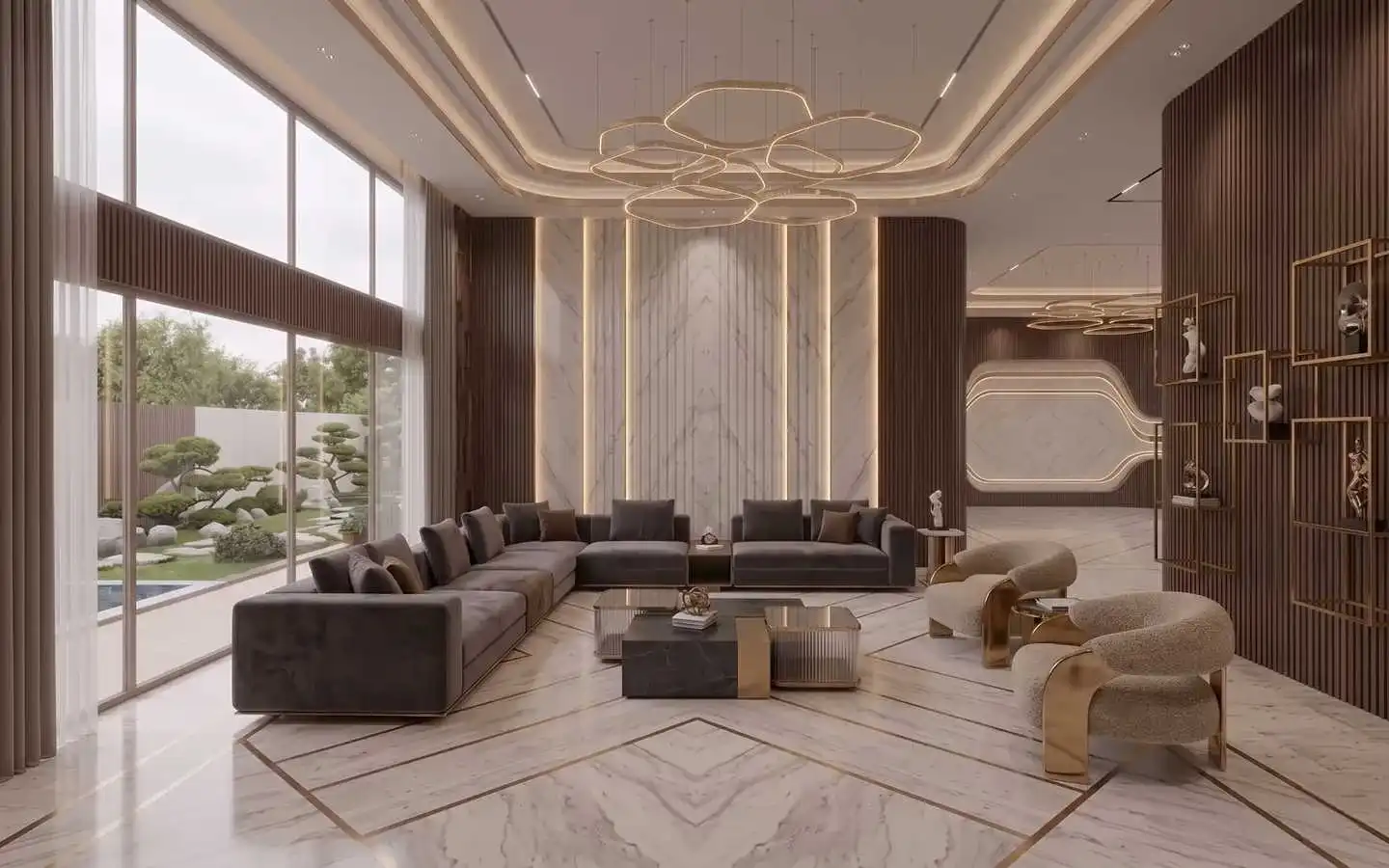 A high-end luxury living room featuring marble floors and wall panels, a dark grey sectional sofa, gold-accented armchairs, and a large floor-to-ceiling window overlooking a Zen garden