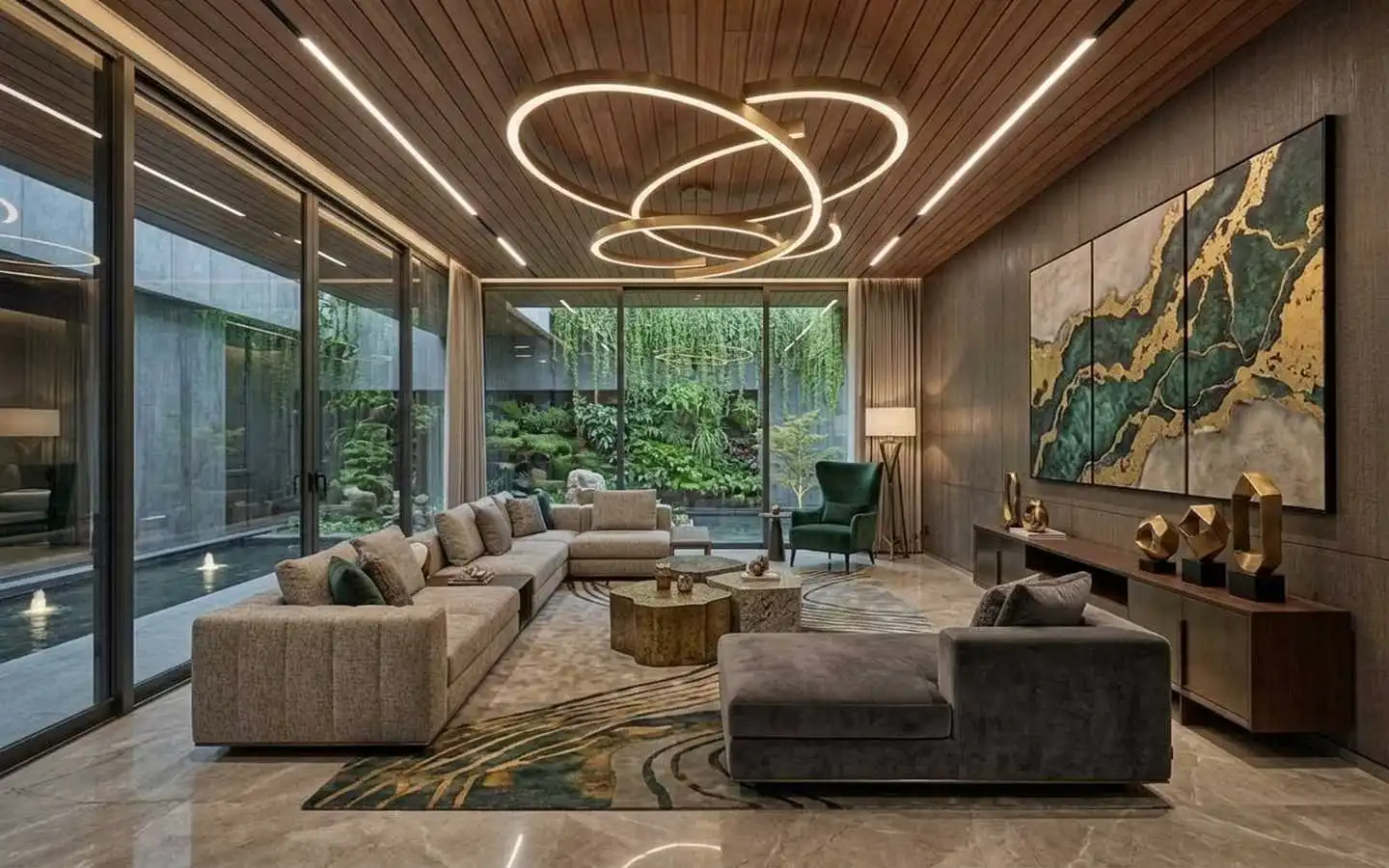 Contemporary luxury living room with a dark wood slat ceiling, integrated linear LED lighting, a large modular sectional sofa, and floor-to-ceiling glass walls overlooking a lush vertical garden and koi pond