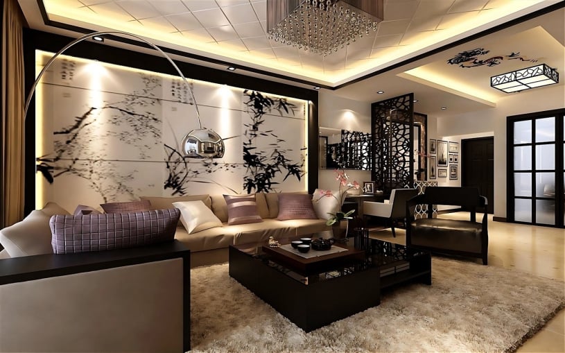 Modern luxury living room featuring a large backlit bamboo wall mural, an arc floor lamp, decorative fretwork room dividers, and a sophisticated black and beige color palette