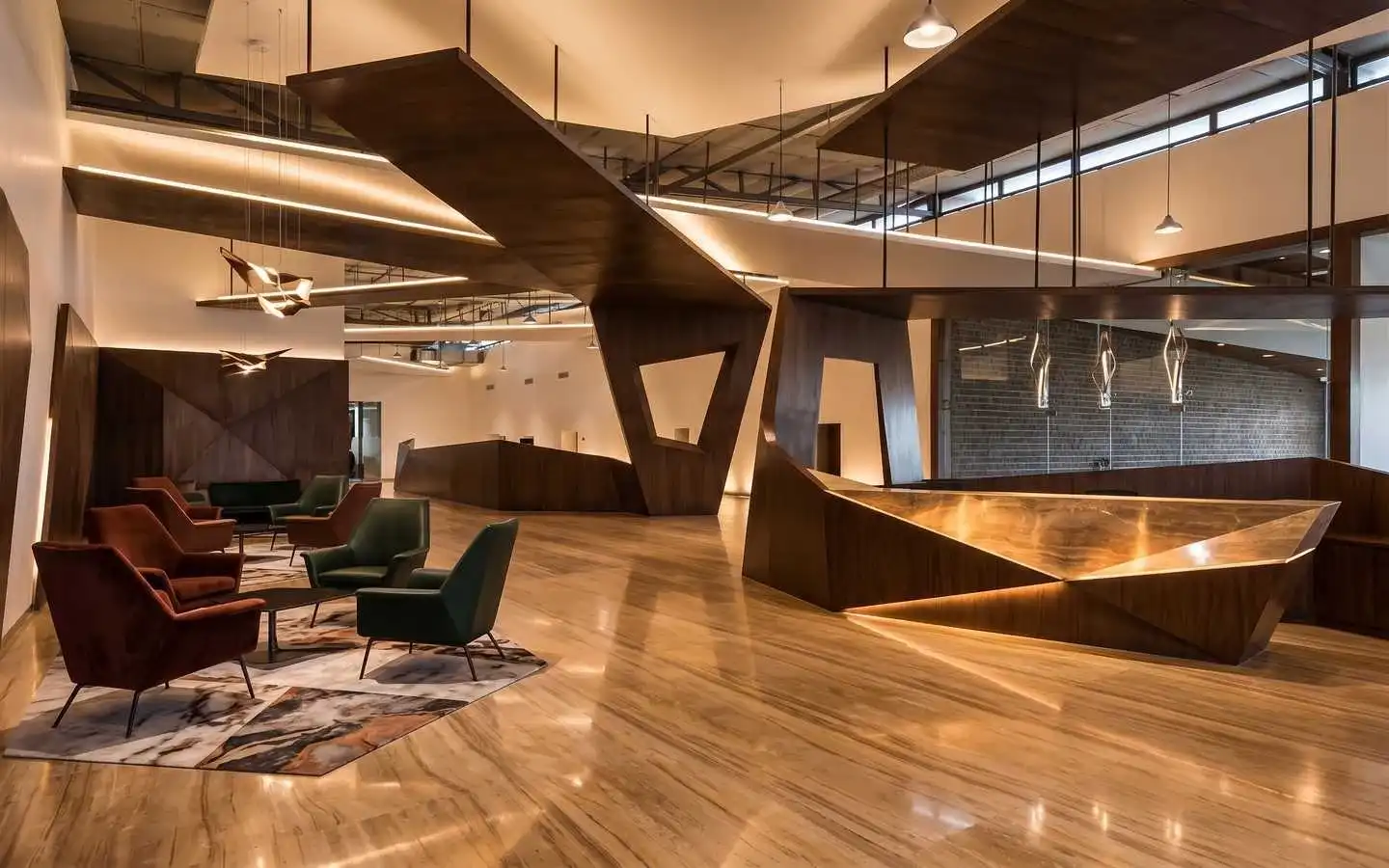 Modern luxury lobby interior featuring a sculptural geometric reception desk, architectural wood ceiling installations, velvet lounge seating, and polished marble flooring