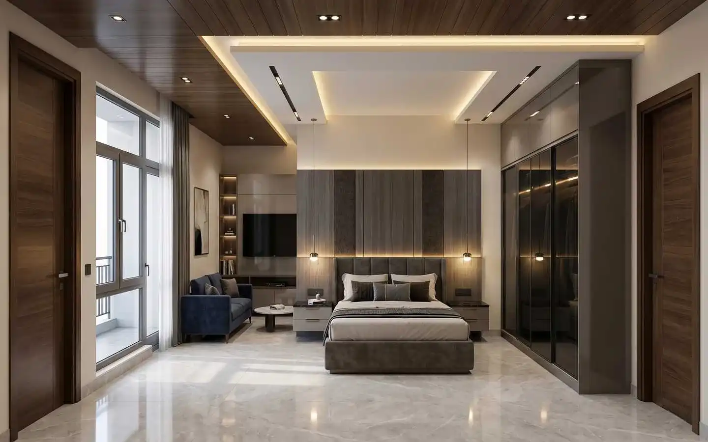 Modern luxury master bedroom interior design featuring wood paneling, ambient cove lighting, and a dark grey wardrobe