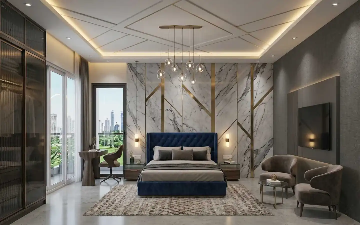 Modern luxury modern bedroom interior design with marble wall paneling and blue upholstered bed in a Delhi NCR residence