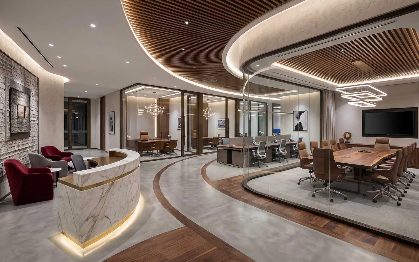 Modern luxury office interior design featuring a marble reception desk, curved glass conference room, and timber slatted ceiling