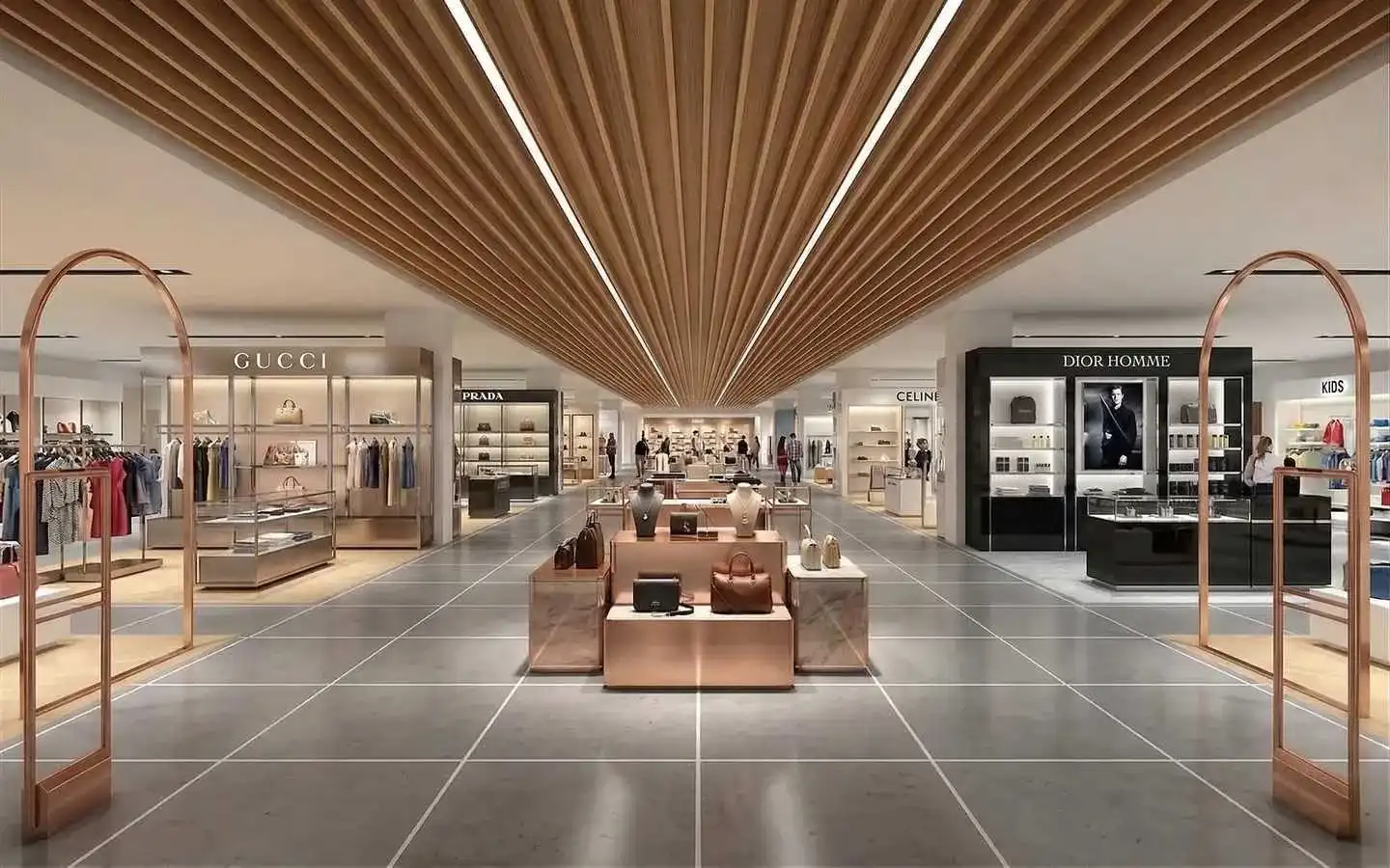 Modern luxury retail showroom interior design featuring a wooden slatted ceiling, minimalist floor displays, and designer brand boutiques
