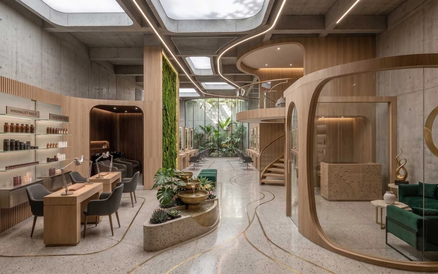 Modern luxury hair and nail salon interior featuring curved wood partitions, concrete walls, a vertical moss wall, and professional manicure stations