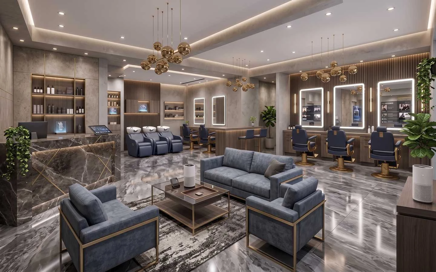Modern luxury hair salon interior featuring marble reception desk, blue velvet seating, and gold orb chandeliers