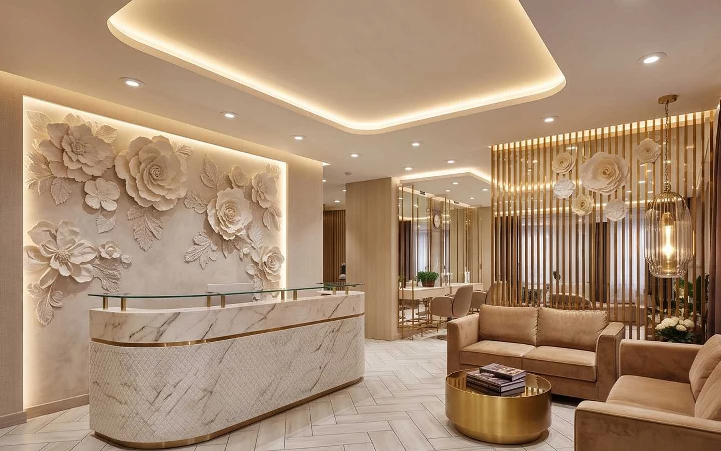 Modern luxury salon reception area featuring a marble desk, 3D floral wall art, and gold accented furniture