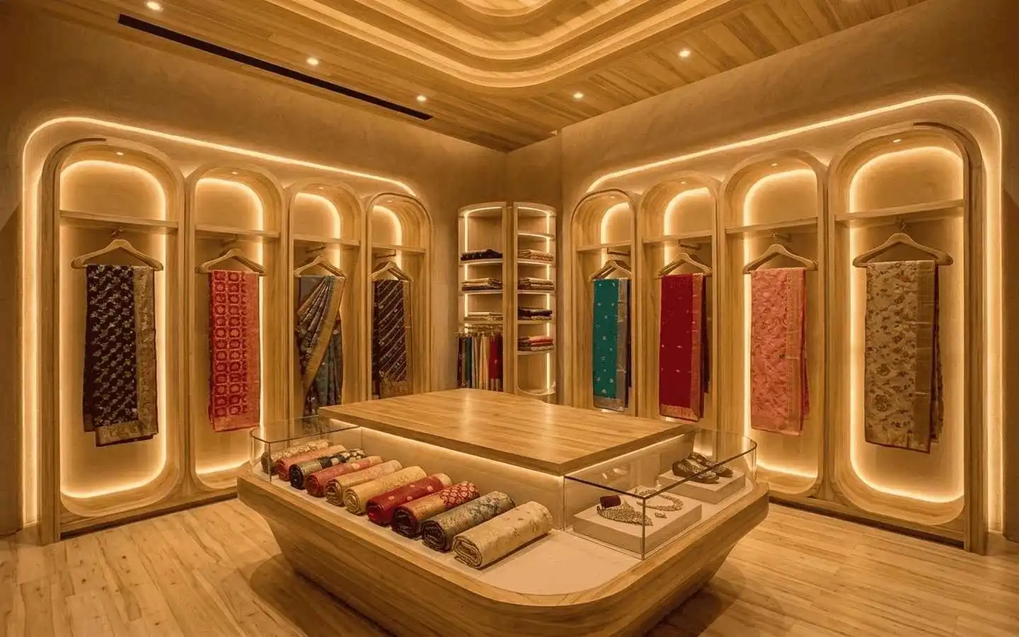 Luxury saree showroom interior design featuring arched wooden display racks with warm ambient LED lighting