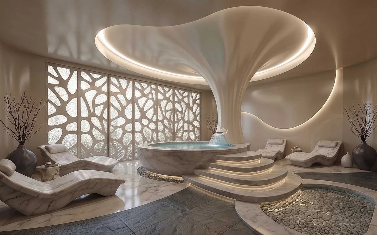 Futuristic luxury spa lounge featuring a marble jacuzzi with a sculptural waterfall pillar, ergonomic marble loungers, and decorative lattice wall panels