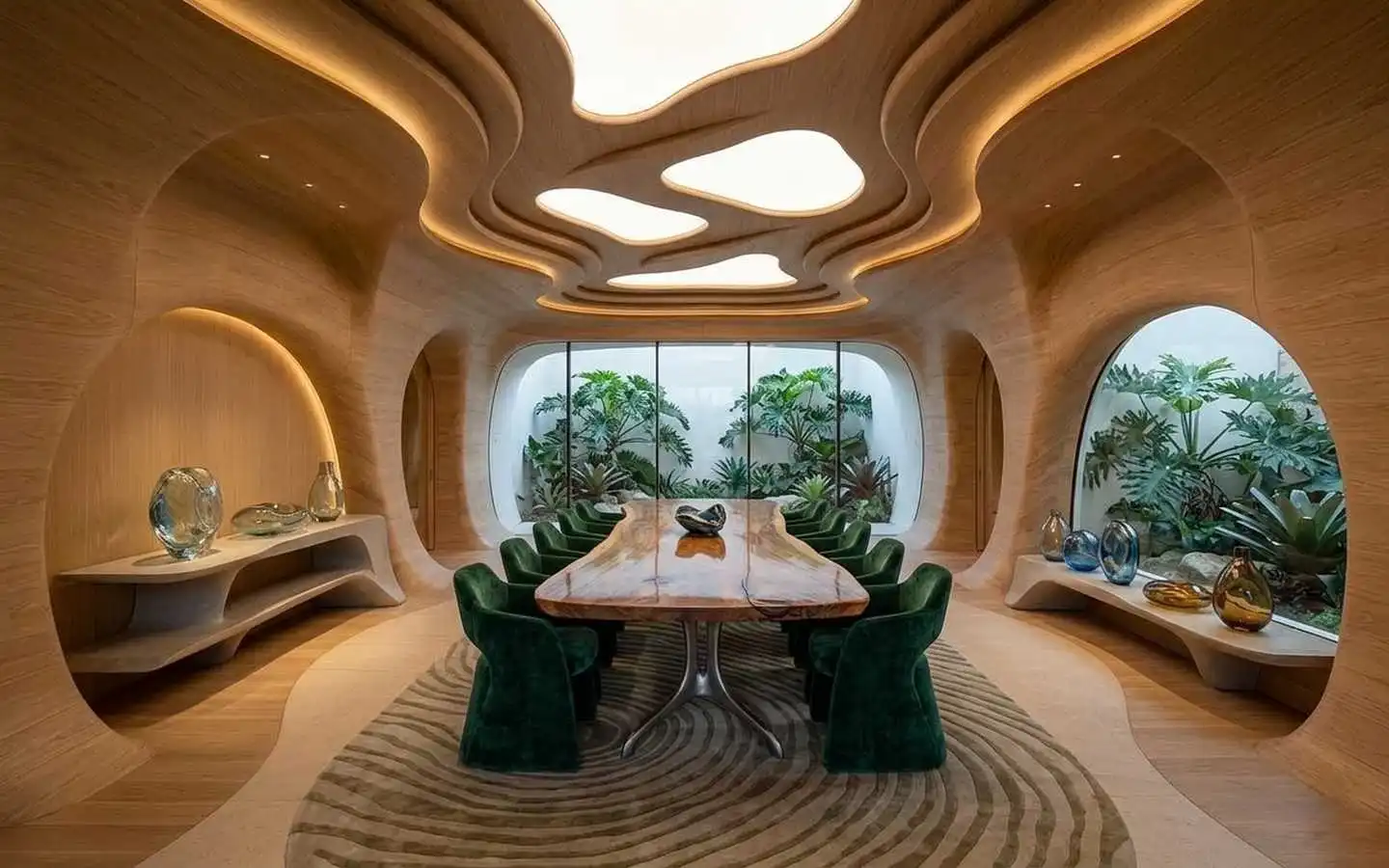 Luxury villa dining room featuring a live-edge wood table, green velvet chairs, and organic curved wood walls with integrated lighting
