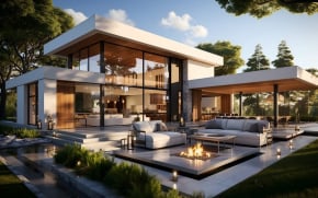 Modern two-story luxury villa with floor-to-ceiling glass walls, featuring an expansive outdoor patio with a sunken fire pit and contemporary lounge seating