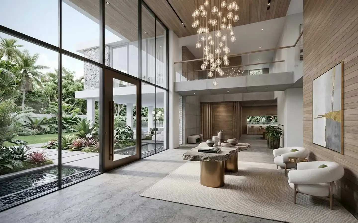 Luxury villa foyer featuring double-height glass walls, a cascading glass bubble chandelier, and organic stone furniture overlooking a tropical garden