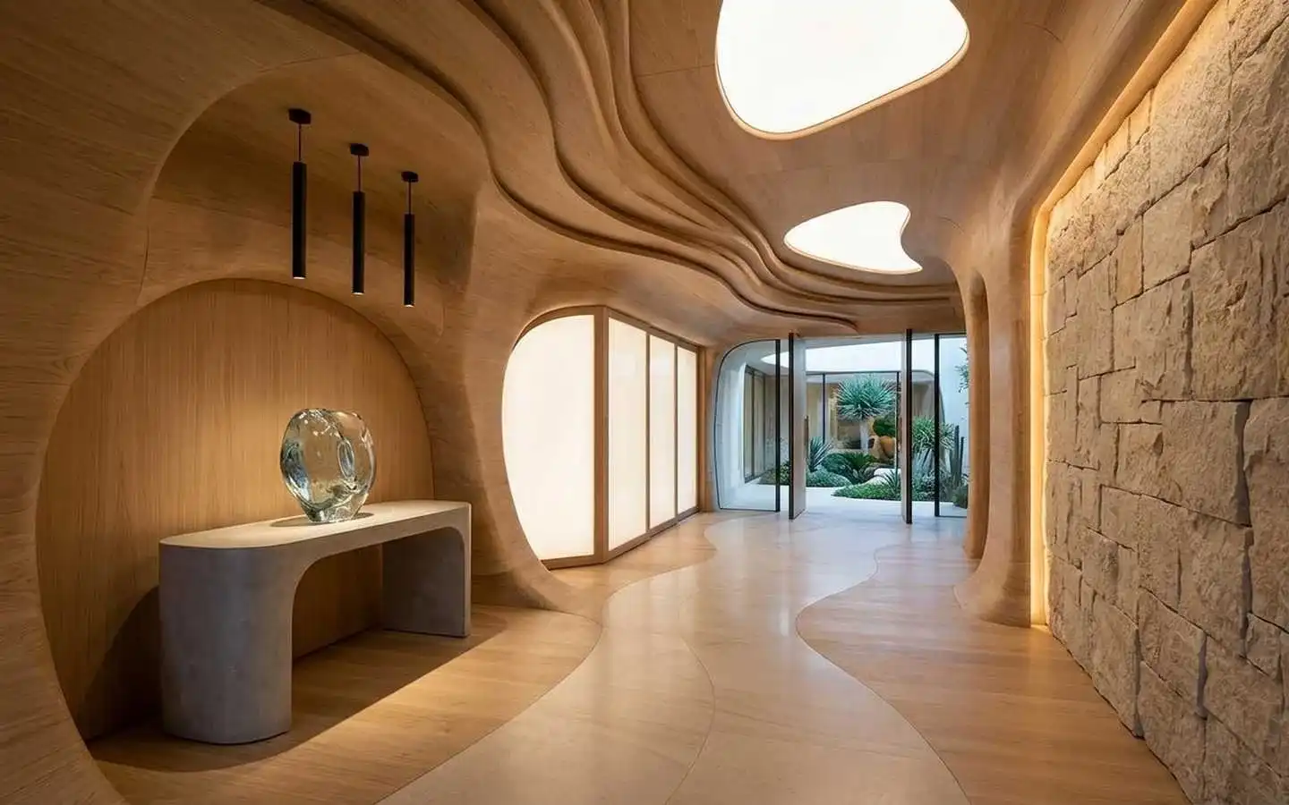 Luxury villa entrance featuring organic parametric wood ceiling curves, stone accent wall, and minimalist interior decor