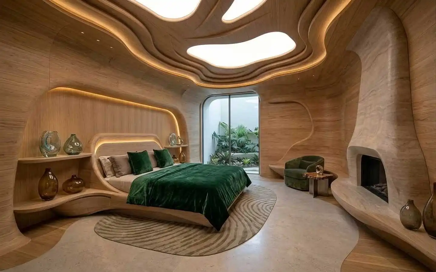 Luxury villa master bedroom with emerald green bedding, custom wood-paneled walls, organic ceiling design, and integrated fireplace